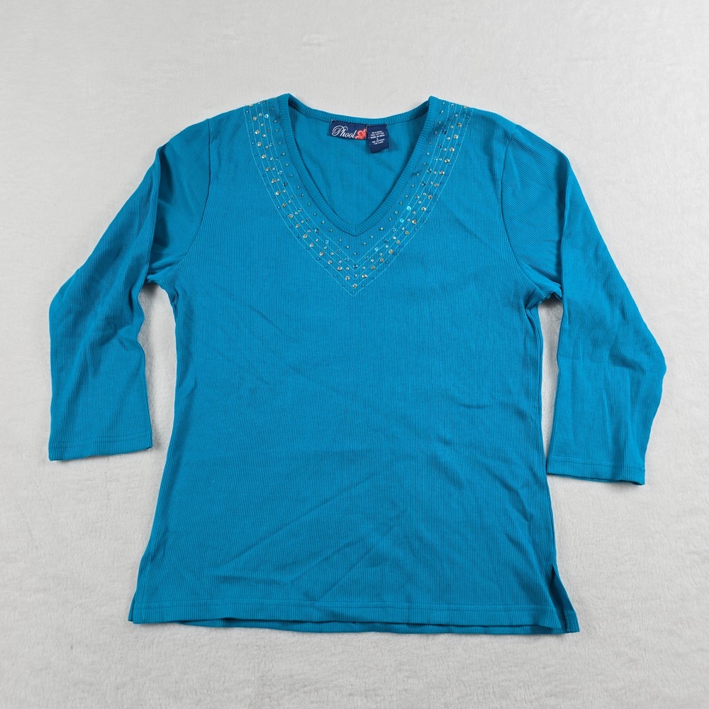 Phool Women Turquoise Blue V-Neck 3/4 Sleeve Embellished Ribbed Cotton Top L